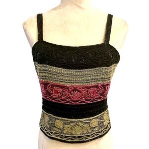 Laurence Kazar Black Camisole with Pink and Gold Embroidery